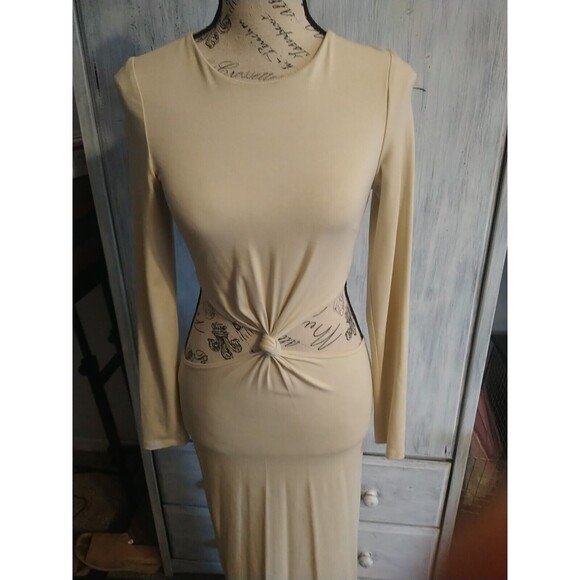 Torn By Ronnie Cobo Maxi Long Sleeve Tan Dress Sm Boho Sexy Beachy Hippie - Picture 3 of 11